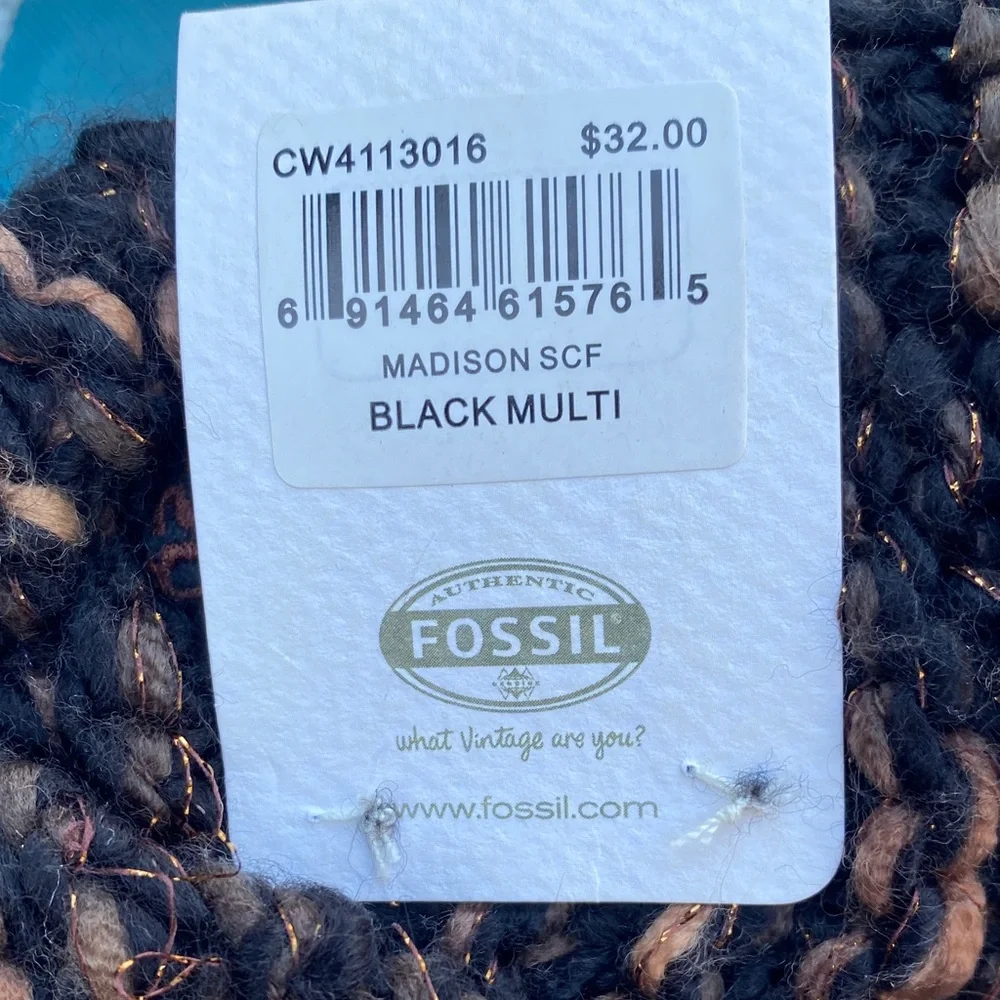 NWT Fossil Black Brown Knit Scarf with Pom-Poms